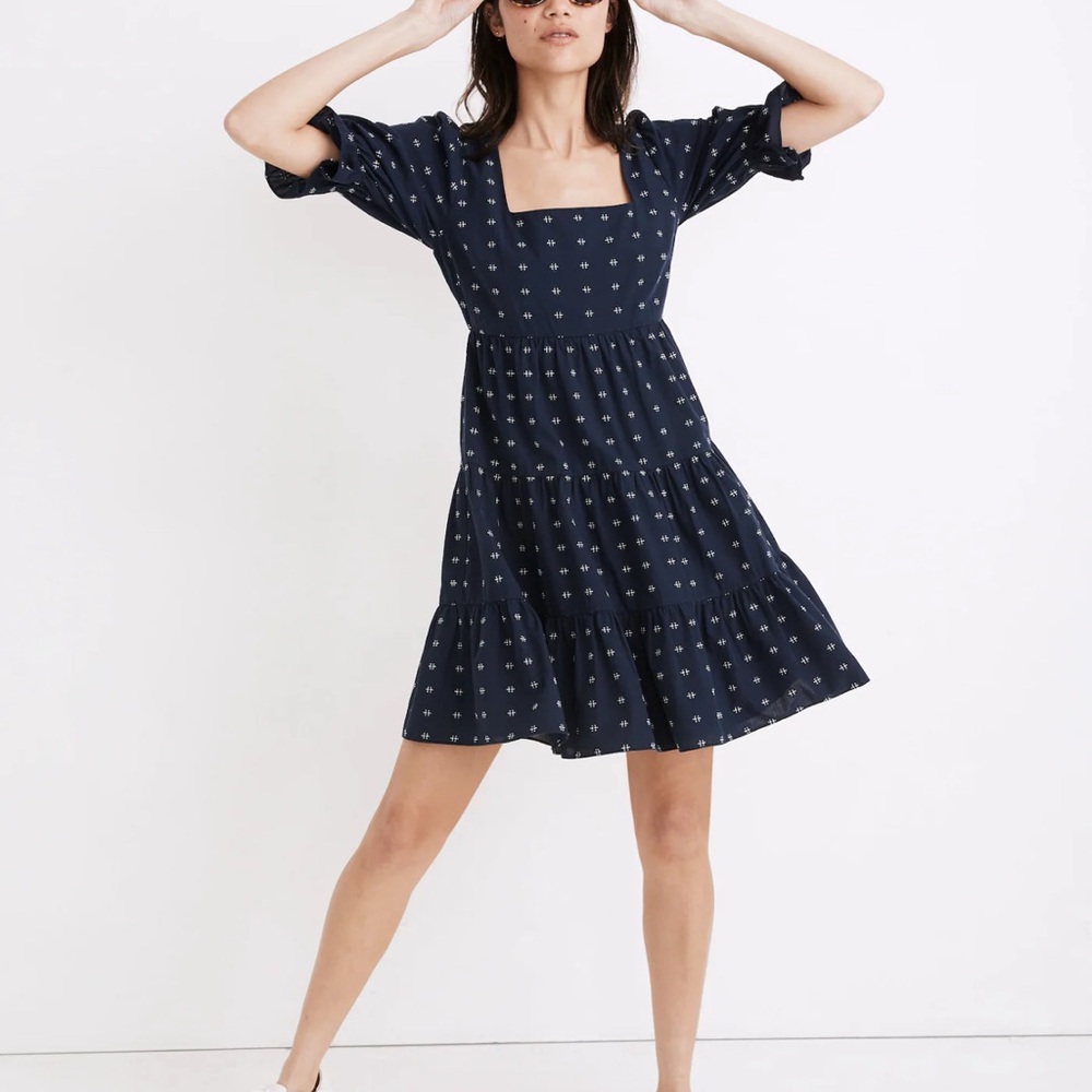 Madewell Blue and White square neck Puff Sleeve babydoll Mini Dress